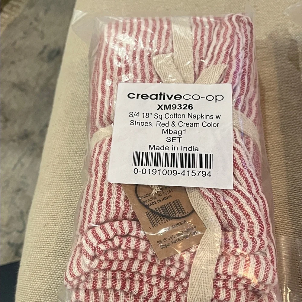 Creative Co-Op Red & White Ticking Stripe Napkins/NWT/Set of 4